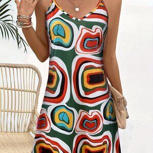 Travel Passions - Graphic Print V-neck Cami Dress, Casual Sleeveless